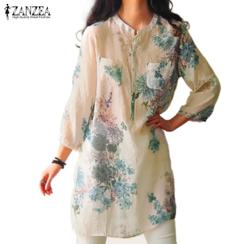 ZANZEA 2016 Blusas Femininas Женщины Моды Случайные Старинные Цветочные Печатные Длинные