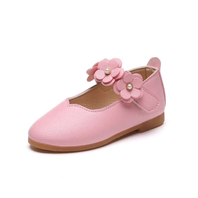 Kids PU Leather Shoes Princess Pink Flower Girls Wedding Rubber Shoes