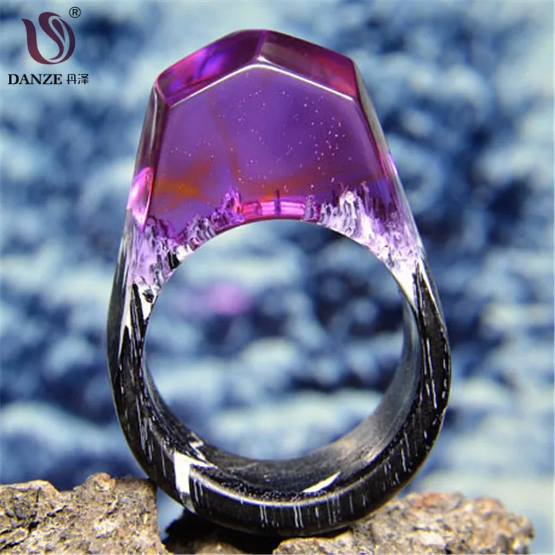 

DANZE Fashion Snow Mountain Wood Resin Ring For Women Handmade Secret Micro World Luminous Wooden Rings Dropshipping Jewelry