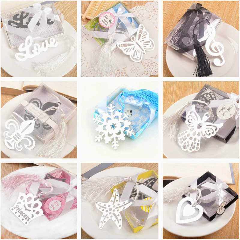 

10 Pcs Metal Bookmark with Tassel Birthday Gift Wedding Souvenirs Baby Shower Party Favors with Gifts Box Packaging 18 Styles