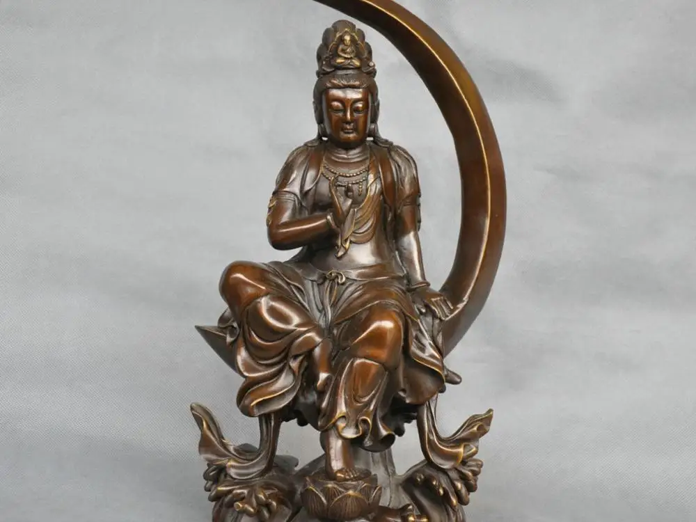 

15'' China Kwan-yin Guanyin Avalokitesvara Buddha Sit Moon Bronze Statue
