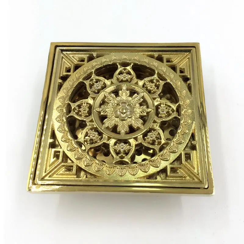 

10*10cm Bathroom Antique Gold Plated Floor Drain Strainers Deodorant Core, Floor Drains Golden Filter Covers Carving Style