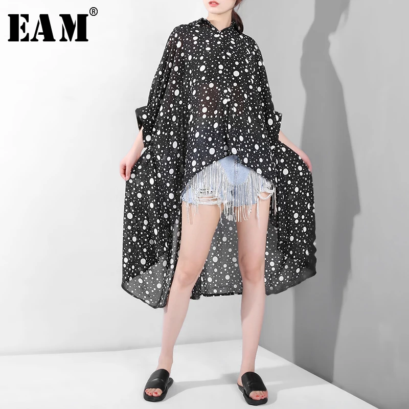 [EAM] 2019 جديد الربيع الصيف التلبيب كم طويل أسود نقطة المطبوعة عودة طويلة الشيفون كبير حجم قميص المرأة بلوزة الأزياء المد JR45