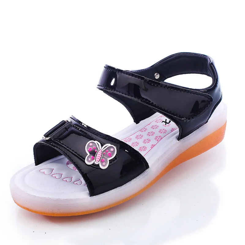 Детские летние сандалии с бабочкой; usb зарядка; светодиодные сандалии принцессы для девочек; однотонные пляжные сандалии из искусственной кожи; Детский Светильник; розовый цвет