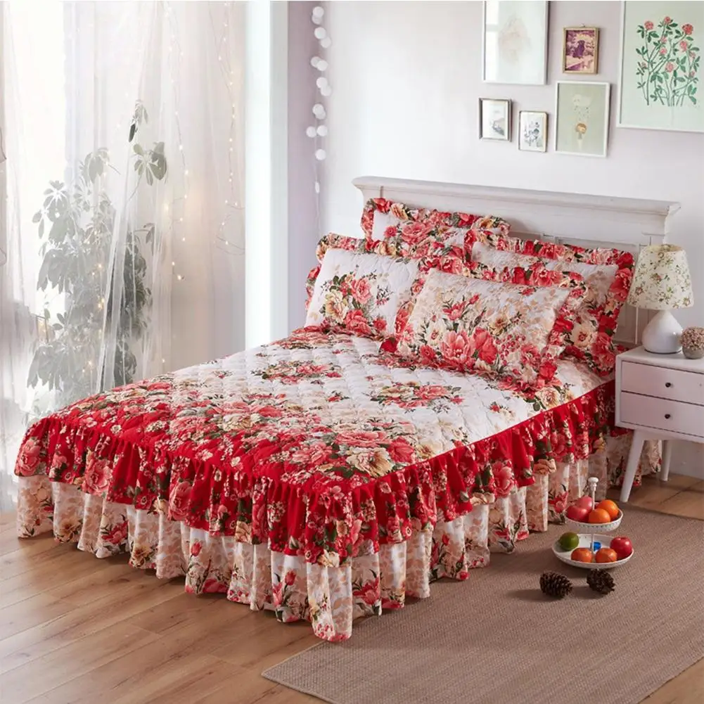 

Adeeing Graceful Quilted Thickened Bedspread Laced Fitted Sheet Two-Layer Bed Cover Wedding Housewarming Gift(no pillowcase)