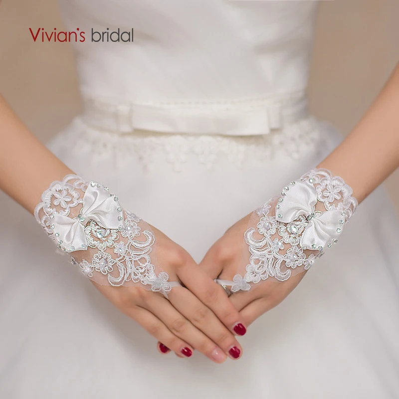 

vivian's bridal 2018 fashion bowknot crystal finger wedding gloves white lace up beaded short women bridal accessoriess