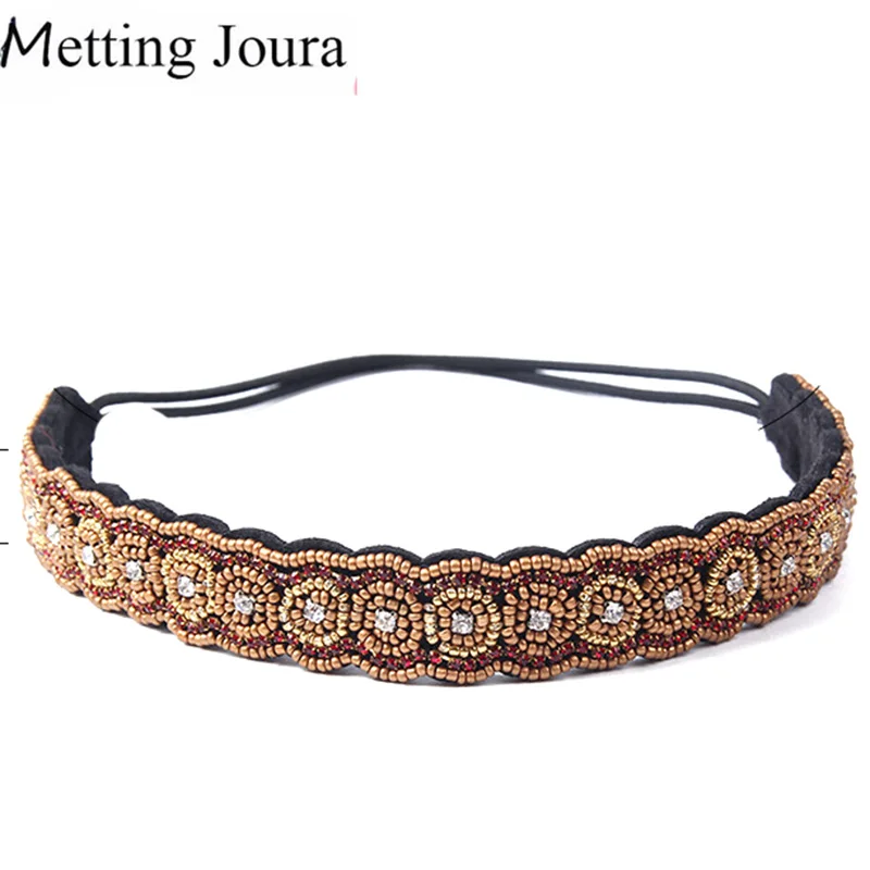 

Metting Joura Vintage Bohemian Ethnic Gold Seed Beads Flower Headband Party Handmade Elastic Kitted Hair Band Hair Accessory