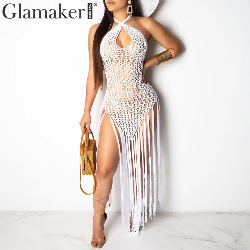 

Glamaker Halter sexy knitted black dress Women backless elegant bodycon midi dress Party club tassel hollow out dress vestidos