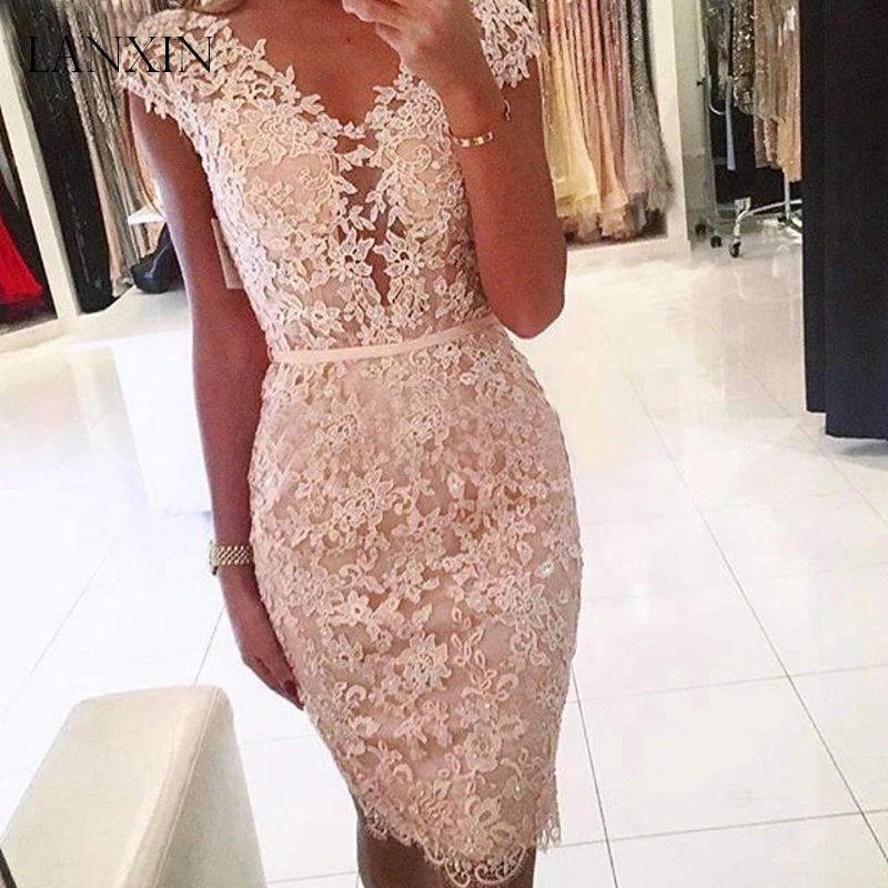 

Sexy Pink Lace Beading Short Cocktail Dress 2019 V Neck Teens Women Formal Evening Party Gown