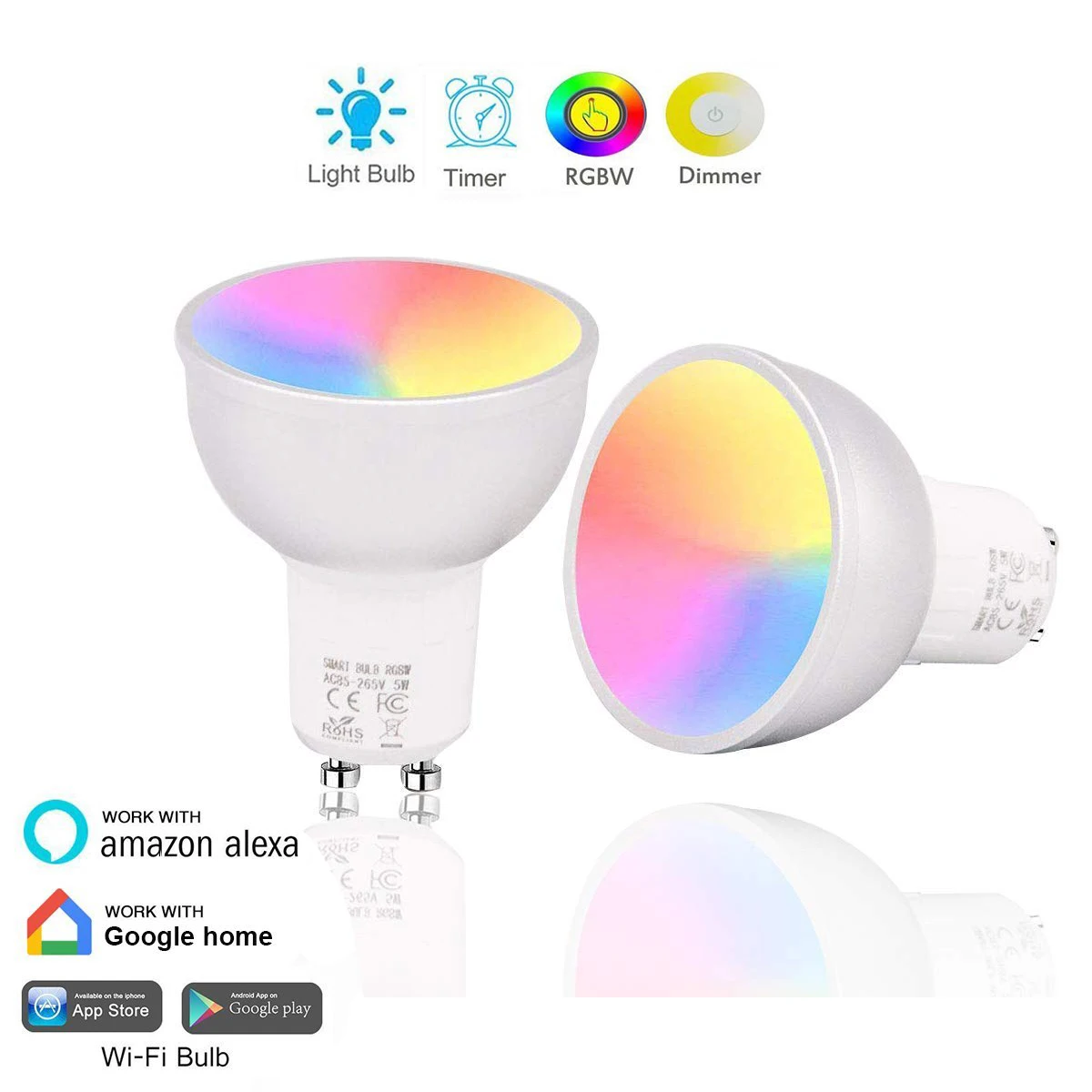 

Smart Bulb WiFi GU10 RGBW 5W Led Dimmable Compatible with Alexa & Google Home Remote Control by Smartphone Tablet 50W Equivalent