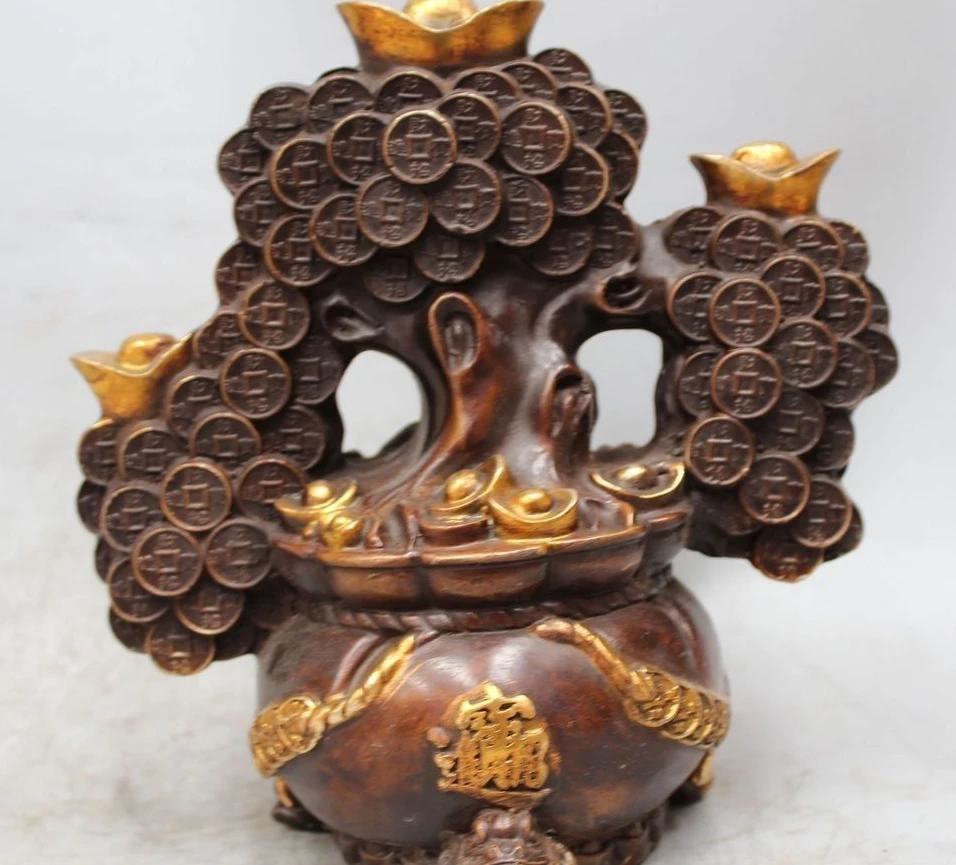 

8" Chinese China Bronze Gild Feng Shui Lion Money Tree Coin Yuanbao Wealth