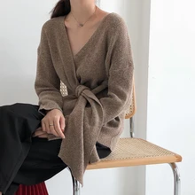 5 цветов, осенне-зимний вязаный свитер на шнуровке, корейские элегантные женские топы с длинными рукавами, женские сексуальные кардиганы с v-образным вырезом для женщин(B2400