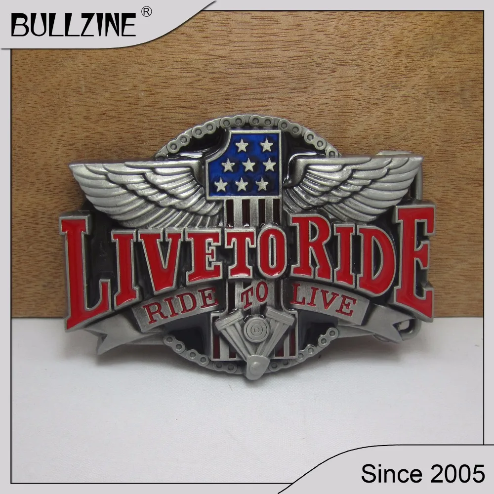 

Bullzine wholesale Live to ride belt buckle with pewter finish FP-02491 suitable for 4cm width belt