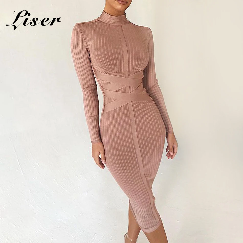 

Liser 2019 New Summer Women Dress Turtleneck Striped Bandage Dress Sexy Bodycon Elegant Evening Party Apricot Dresses Vestidos