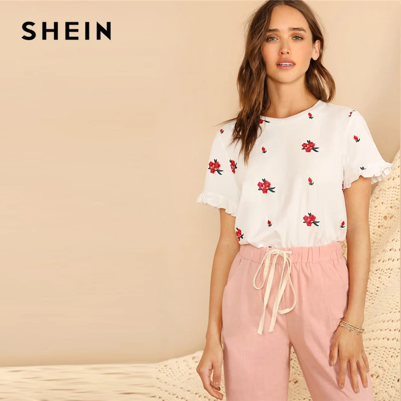 SHEIN Футболка С Цветочной Вышивкой И Оборками Весенняя Современная Женская Футболка С Круглым Вырезом