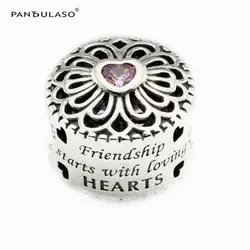 Pandulaso любовь и дружба Розовый CZ Бусины для изготовления ювелирных изделий 925 стерлингов Серебряные ювелирные изделия Подходит Европейский