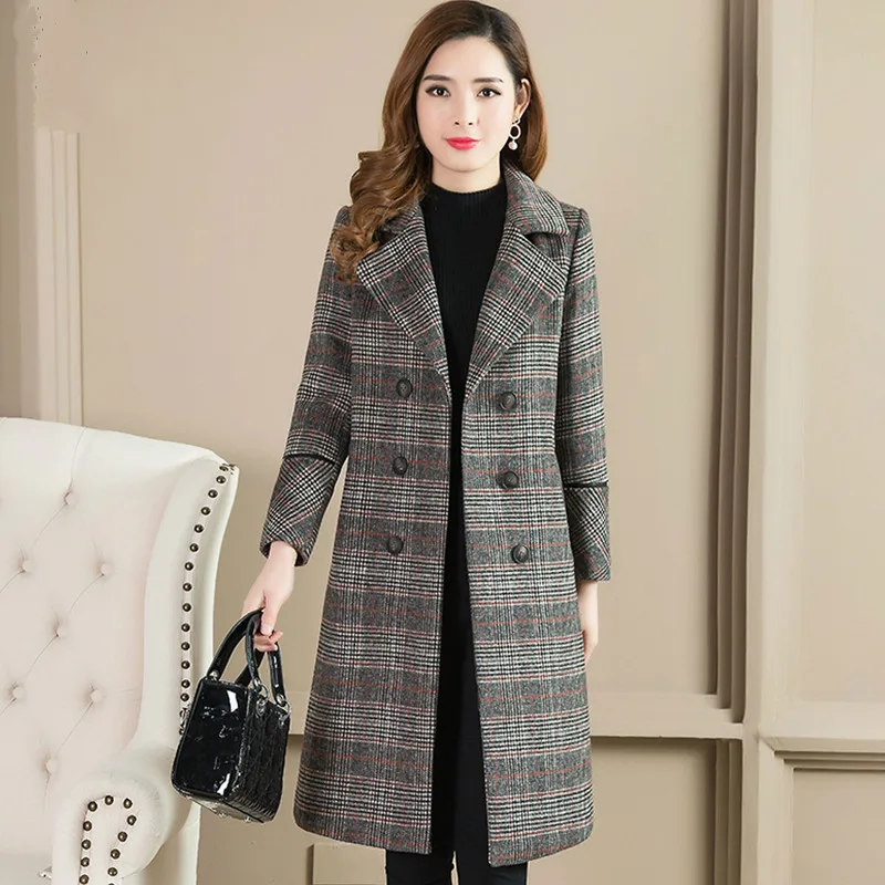 KMETRAM Wool Coat Women Winter Autumn Plaid Warm Slim