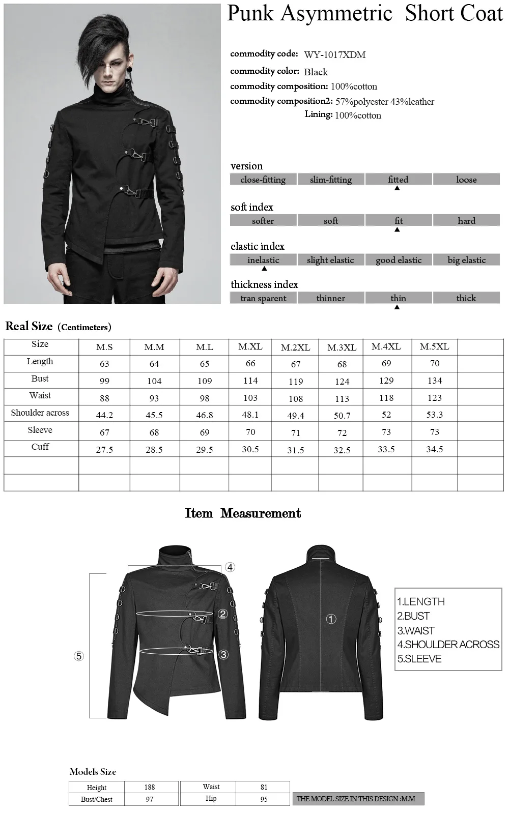 PUNK RAVE Men's Punk Jackets Handsome Asymmetric Twill Short Coat Casual Jacket Both Sides Sleeve Stitching Streetwear