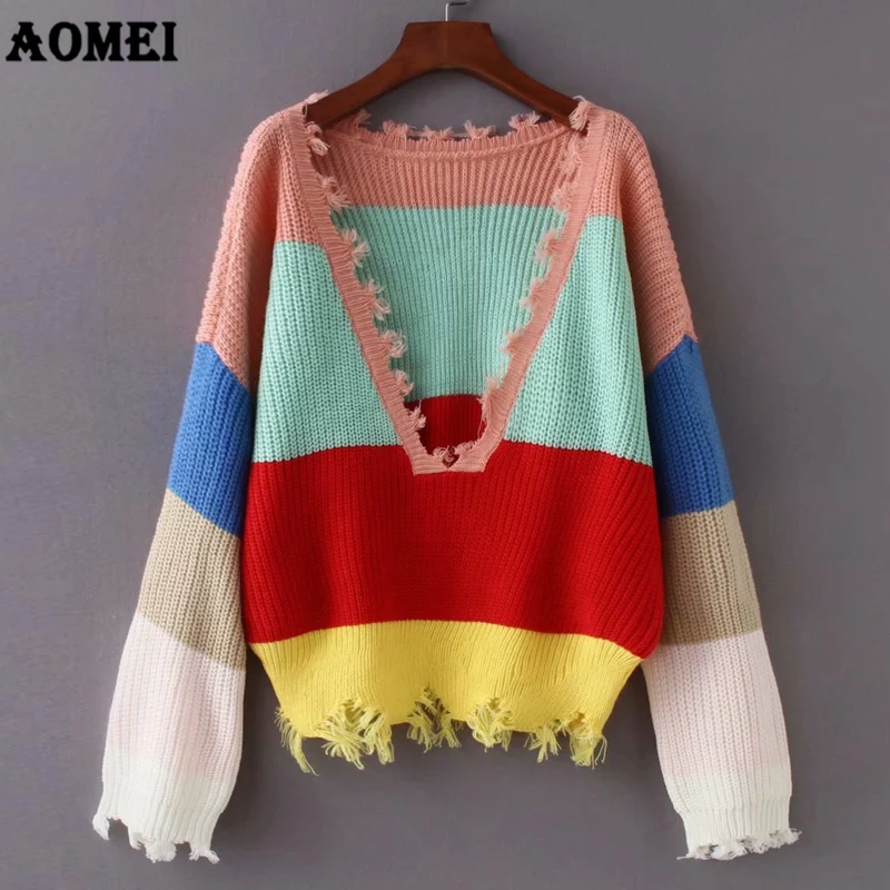 

Autumn Winter Sweater Backless Rainbow Wide Striped Stars Warm Pullover Loose Sexy Street Wear Femme Clothes Tops Fall Jumpers