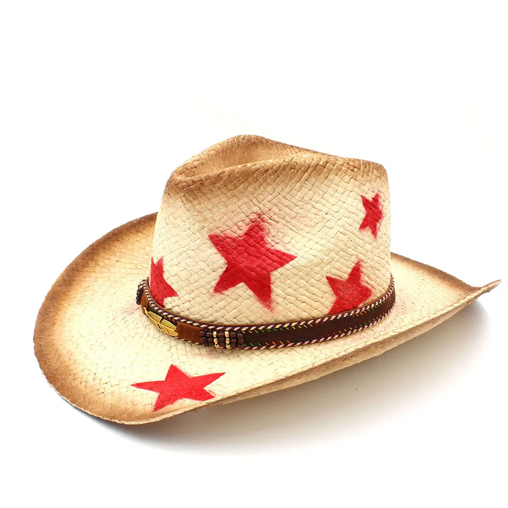 Women Men Straw Western Cowboy Hat With Punk Leaves Band Star Lady Dad Sombrero Hombre Cowgirl Jazz Caps Size 58CM