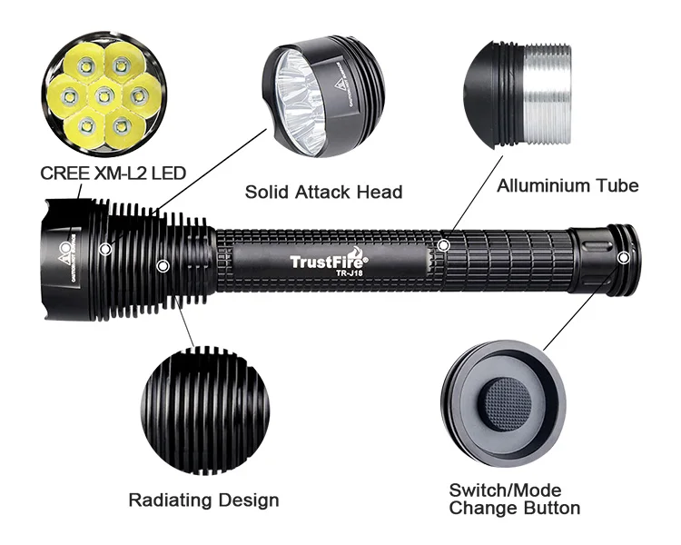Фонарик 5 режимов J18 7 шт XM-L2 светодиодный 8000LM факел 3x18650 или 2x18650 (не включая батарею)