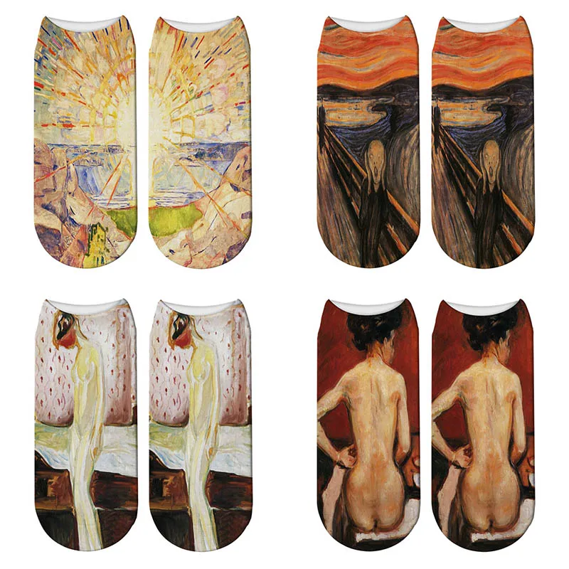 Новинка, 3D принт, художественная живопись маслом, Edvard Munch, носки, солнце, крик, женские короткие носки, известная живопись, Meias Calcetines Mujer
