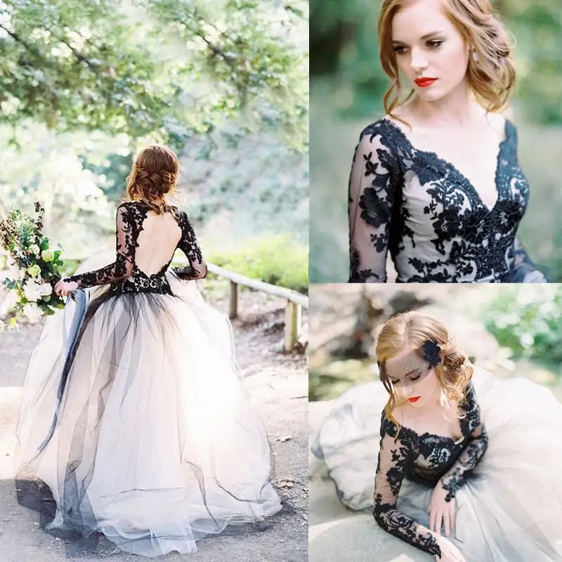 

2019 Black And White Vintage Wedding Dresses Western Country V Neck Backless Illusion Long Sleeves Gothic Bridal Gown