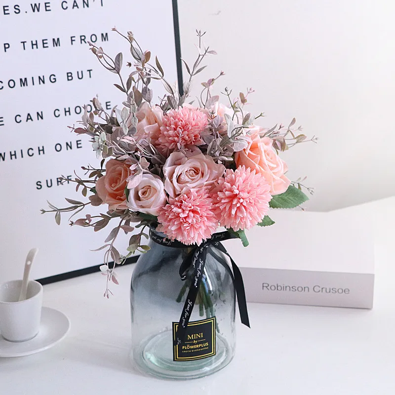 Искусственные цветы Имитация поддельный Шелковый пластиковый цветок Роза Пион Гортензия розовый букет цветов Новые Свадебные цветы гостиной цветочные украшения - Цвет: flower and vase 3