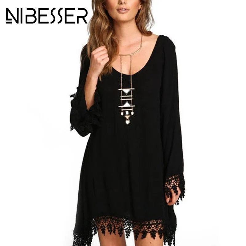 

NIBESSER Summer dress Fashion Long Sleeve Party beach sundress Plus Size Tassel Black Sexy dress Boho Vestidos 5XL Oversized