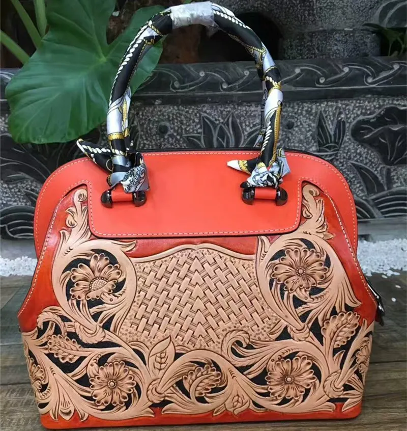 

hand carved shell fashion flower women leather handbags