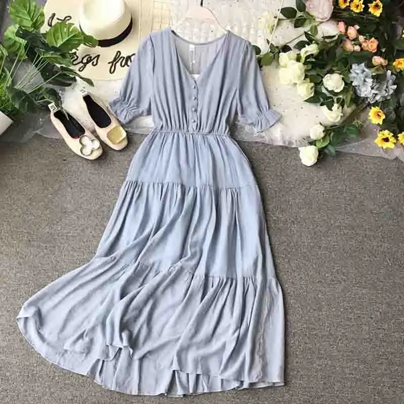 Light blue Летнее шифоновое платье миди с коротким рукавом, корейская мода, плиссированное платье с высокой талией и v-образным вырезом, винтажное женское платье с оборками - Цвет: Light blue