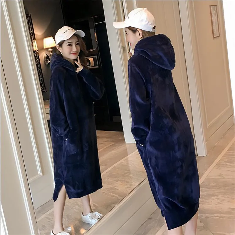 

2019 Autumn Winter Female Dress New Mid long Fashion Loose Pullover Hooded Dress Women Pure color Dress Large size M-3XL