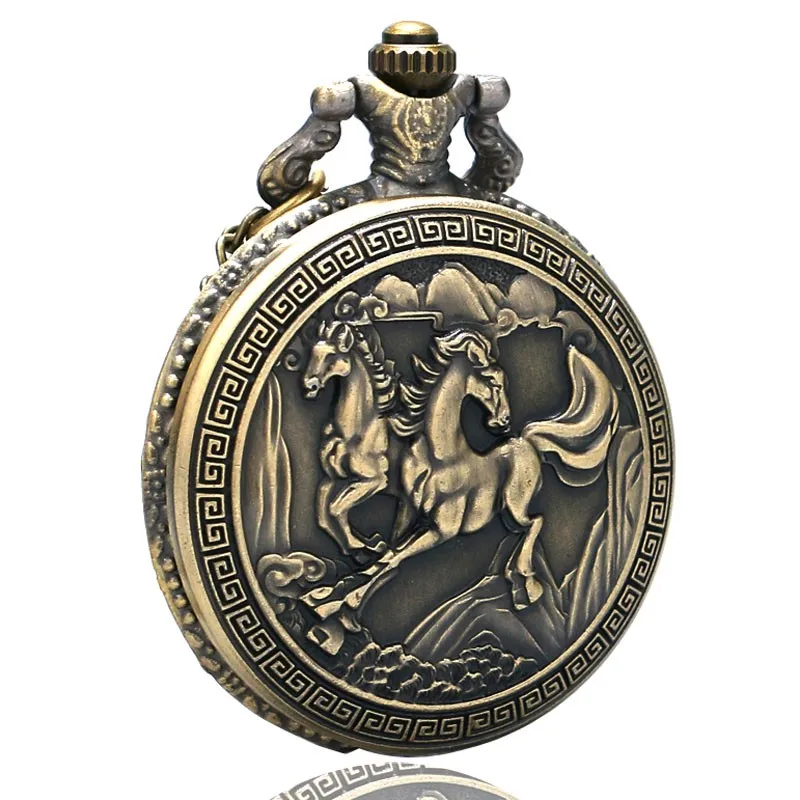 Ретро бегущие лошади Бронзовый кварцевые карманные часы Китайский Зодиак Цепочки и ожерелья для Для мужчин Для женщин часы кулон с длинной