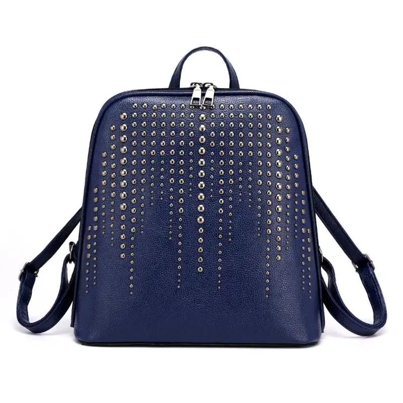 Женская мода Ретро винтажный женский рюкзак из искусственной кожи с заклепками большая вместительность многофункциональные школьные сумки для девочек Новинка - Цвет: Темно-синий