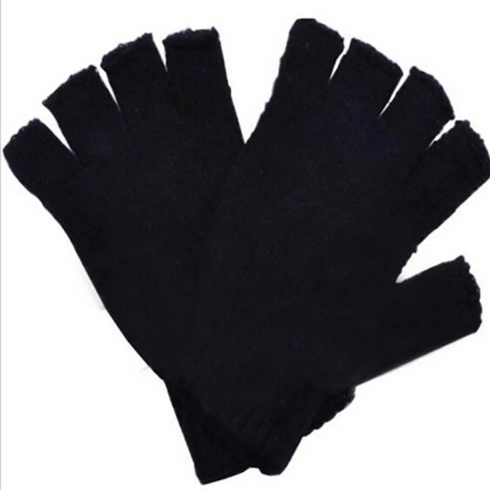 Черные короткие перчатки без пальцев, шерстяные вязаные перчатки для запястья, зимние теплые тренировочные перчатки для женщин и мужчин