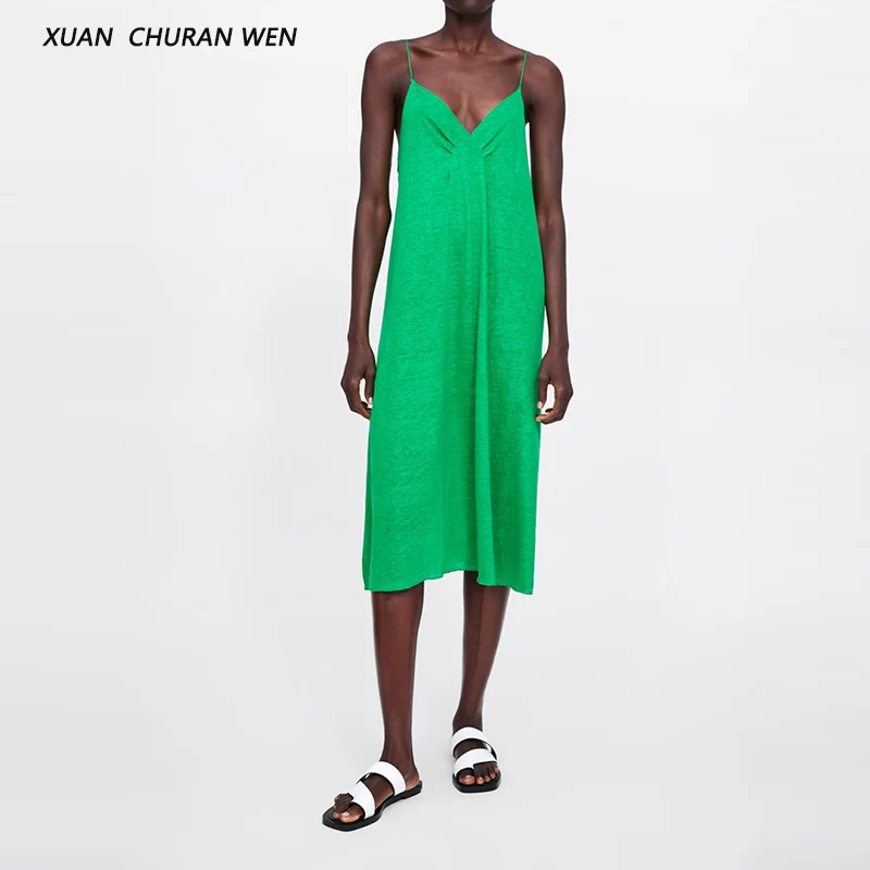 

Summer Women Cotton Knit Camis Dress Spaghetti Strap A-line Deep V neck Sleepwear Mid Calf Party Dress XB9354