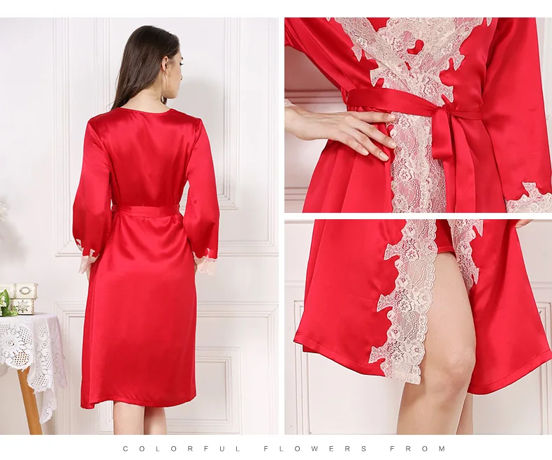 Женский халат sets2019 женский шелковый халат кружевной сексуальный плюс размер женский Шелковый Повседневный тонкий красный ночной Пижамный халат наборы