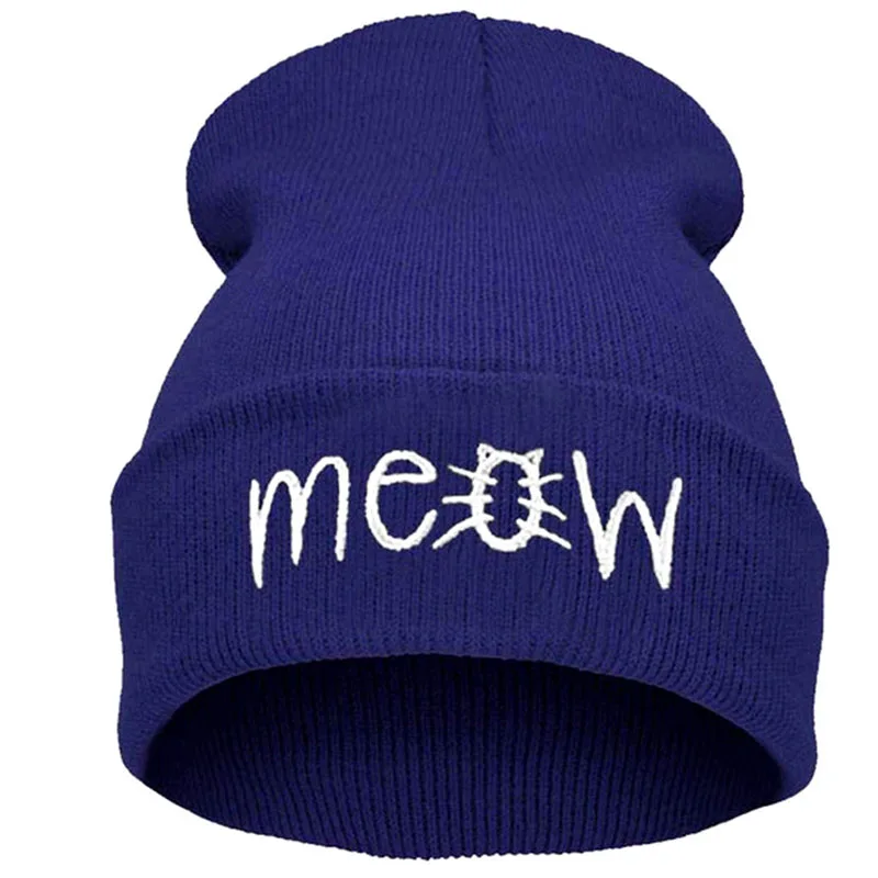 Модная вышивка Meow Лыжная шапочка, шапки для женщин, одноцветная хип-хоп шапка, вязанная зимняя шапка для мужчин, теплая шапка для спорта на открытом воздухе - Цвет: navy blue