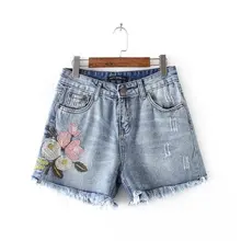 Freeshipping jeans woman jeans woman jeans femme 2017 Floral embroidery Moustache Effect burrs Bull-puncher knickers denim short