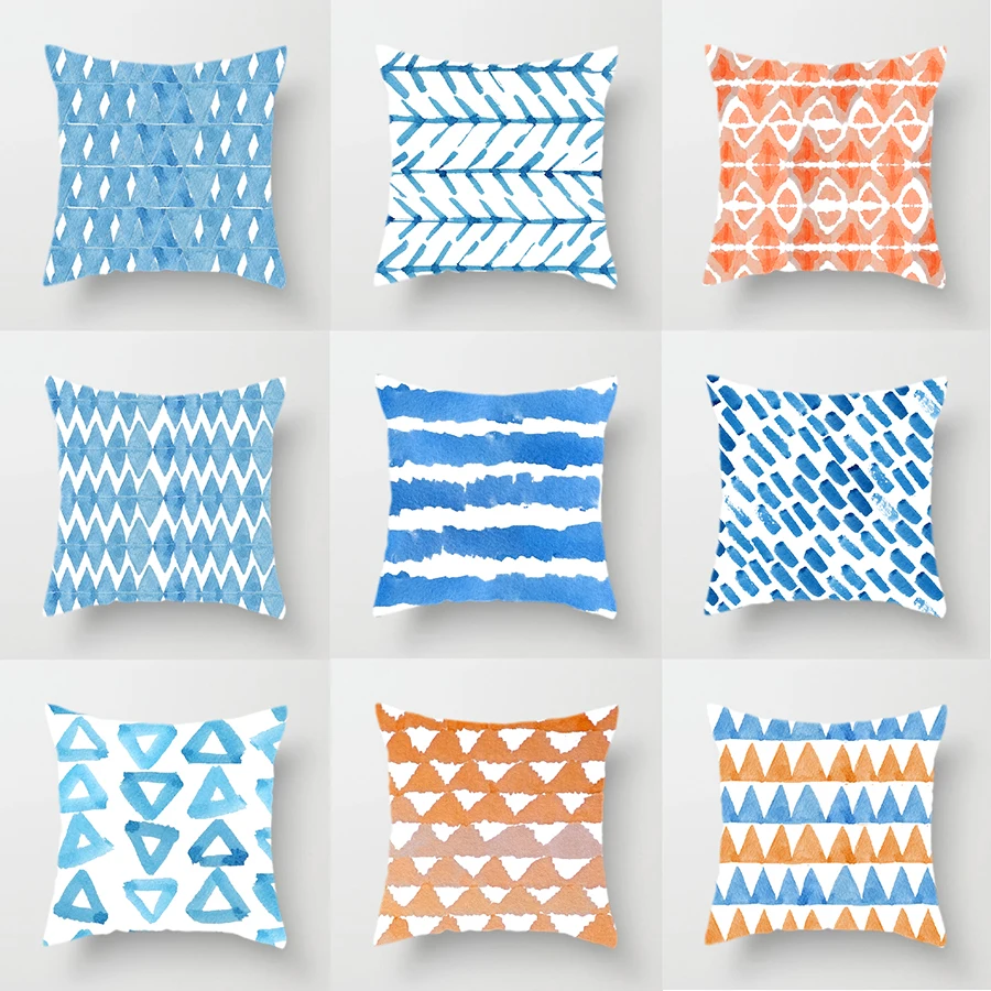 

Watercoloer Blue Cushion Cover Geometric Design Stripe Dot Flower Decorative Throw Pillows Case Home Decoration Accessories