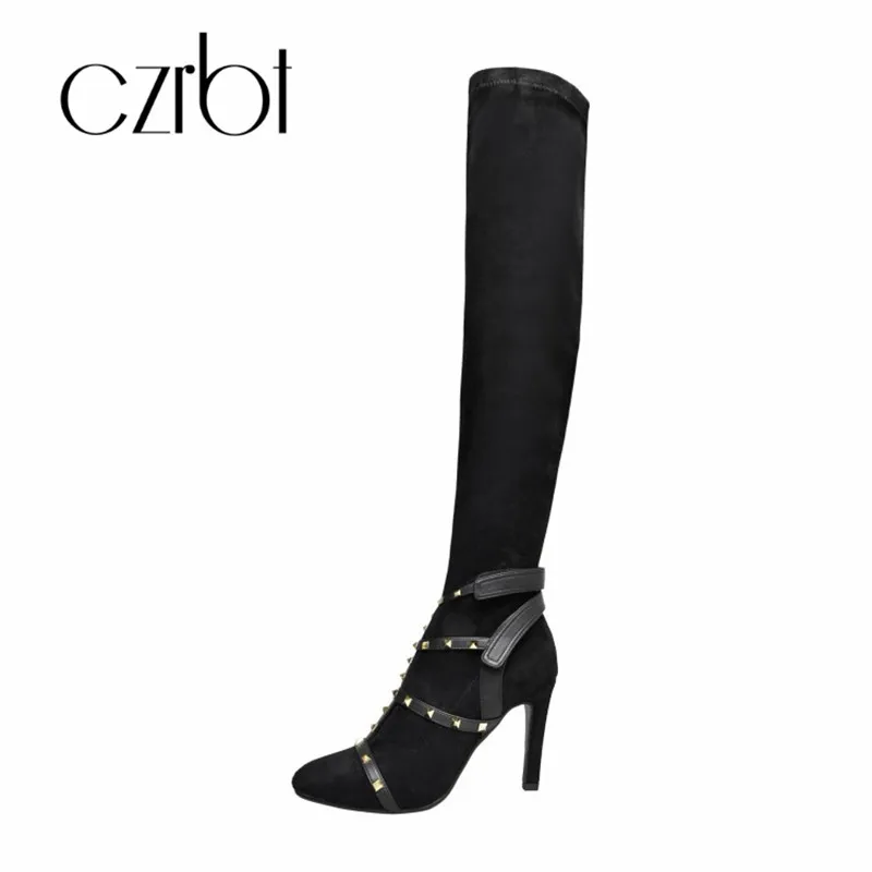 

czrbt 2018 Spring Winter Shoes Women Rivet Over-The-Knee High Boots Thin High Heels Round Toe Non-Slip Fashion Women Shoes