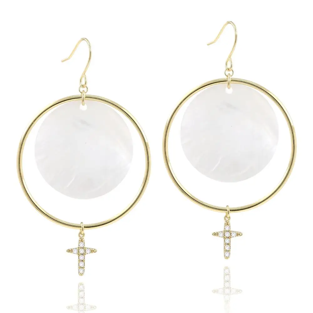 

Fashion Women's Gold Pearl Shell Earrings Customized Gold Color Plated Loop Mother of Pearl Shell Circle Pendant Drop Earrings