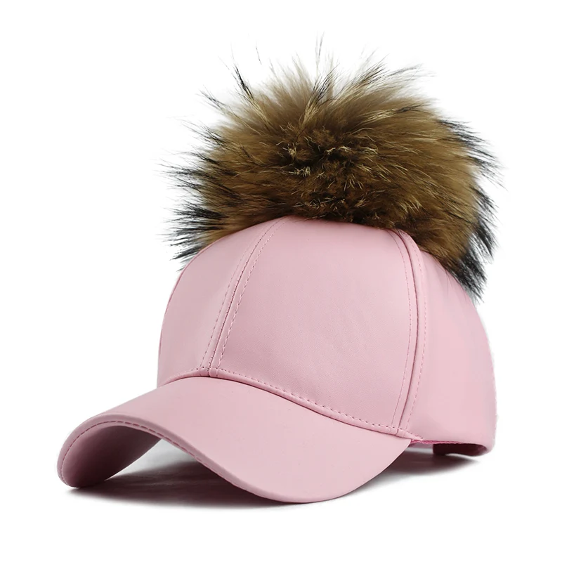 FETSBUY/бейсбольная Кепка из искусственной кожи с помпонами из натуральной норки, Меховая кепка в стиле хип-хоп, Кепка с помпонами, зимние шапки для женщин - Цвет: Pom Pink