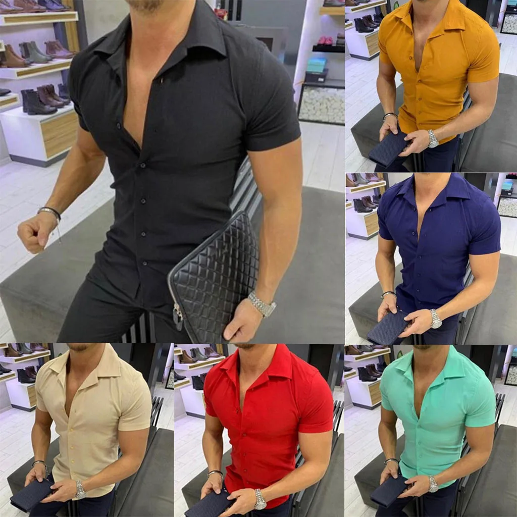 Мужская рубашка, новая мода, хит, летняя, повседневная, мужская, чистый цвет, на пуговицах, с рисунком, повседневная, с отворотом, с коротким рукавом, рубашка 40