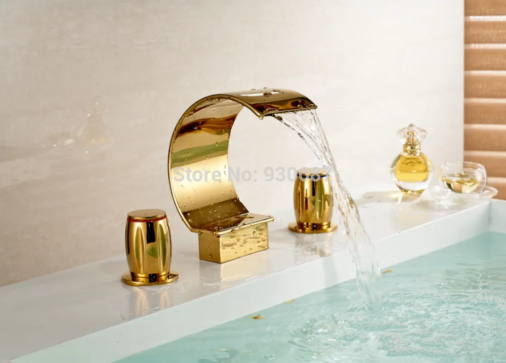 

3pcs Golden Bathroom Waterfall Sink Faucet Dual Handles Mixer Valve Tub Faucet
