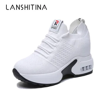 

New Women Summer Mesh Platform Sneakers Trainers White Shoes 9.5CM High Heels Wedges Outdoor Shoes Breathable Casual Shoes Woman