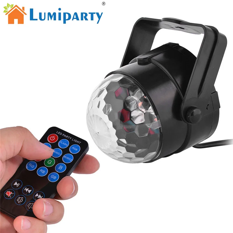 

Lumiparty Sound Activated RGB LED Crystal Magic Rotating Ball Effect LED Stage Lights with Remote Control for DJ Xmas Wedding