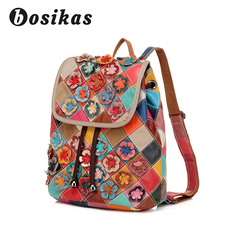 

BOSIKAS Women Bag Genuine Leather Women Flower Backpacks Fashion Knitting Lady bag Vacation Shoulder bags Colorful Stripes 2018