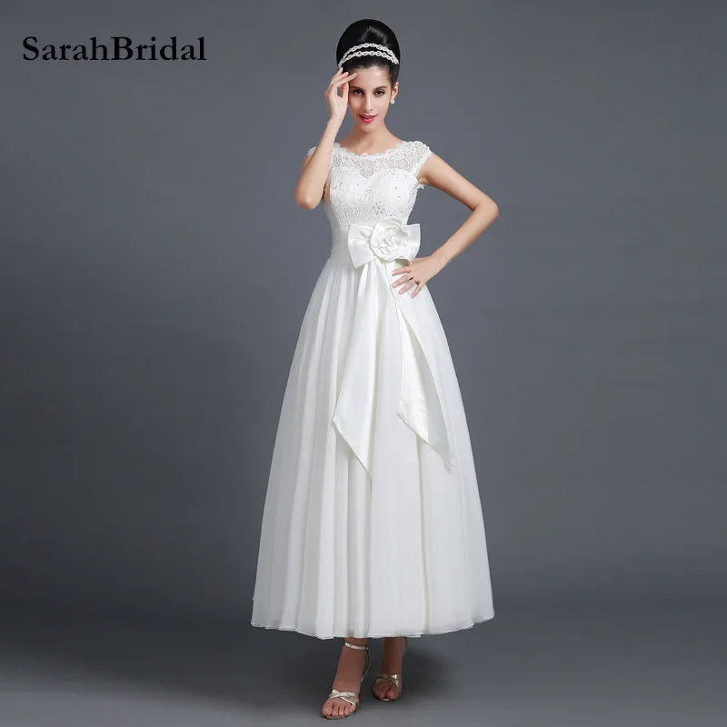 

New Arrival Simple White Lace Prom Dresses 2017 With Flower Bow Long Chiffon Sleeveless Zipper Back Evening Party Gowns SD267