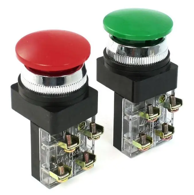 2pcs Red And Green Ac 250v 6a Dpst Momentary Mushroom Head Push Button
